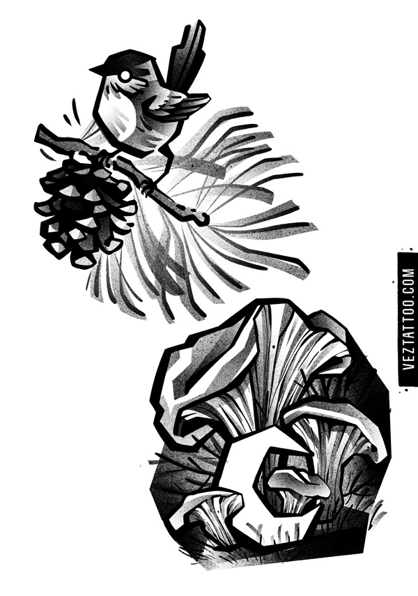 Ptak w lesie z szyszką i grzybem